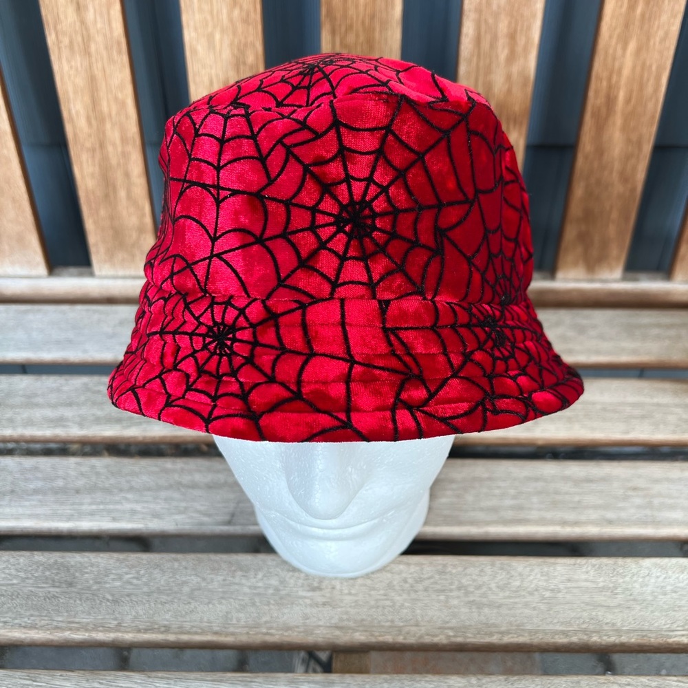 Red Soft Velvet Like Spiderweb Bucket Hat